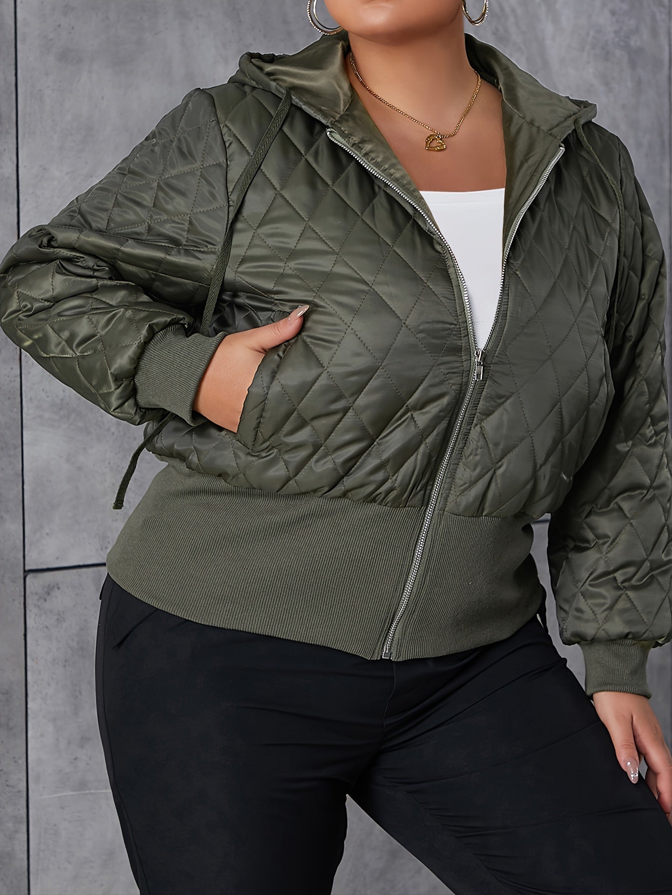 Plus Size Puffer Coat - Relaxed Fit, Solid Color, Quilted, Hooded, Drawstring, Long Sleeve, Zip-Up - Womens Plus Size, Everyday Casual Wear