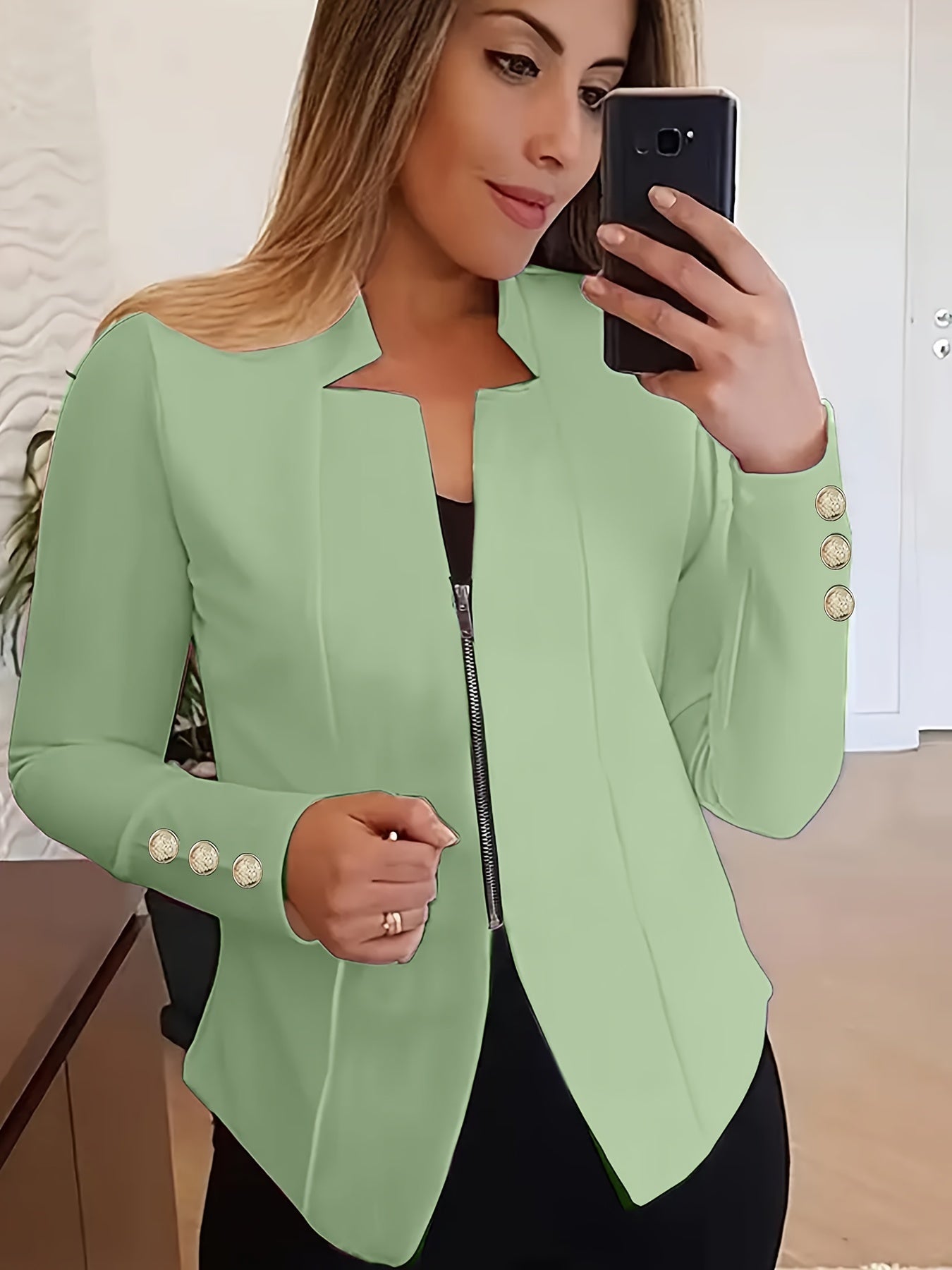 Fashionable Womens Solid Zip-Up Jacket with Button Detail - Comfy Long Sleeves, Casual Style - Premium Clothing Wardrobe Staple