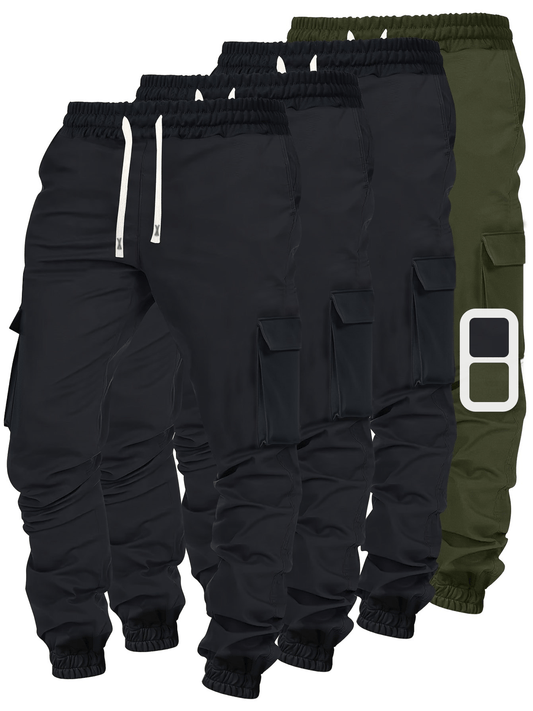 4-Pack Loose-Fit Cargo Pants - Adjustable Drawstring, Comfortable Solid Colors, Packed with Pockets for Casual Style & Sports