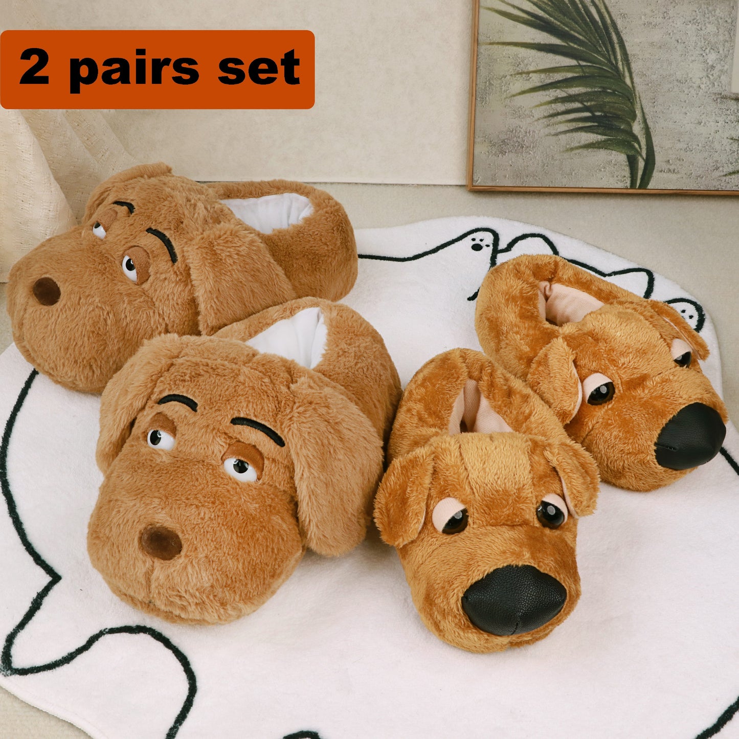 Cartoon Dog Plush Slippers 2 Pairs Set, Unisex Novelty Animal Slip-on Indoor House Shoes, Warm Fabric Lined Couples & Family Interactive Footwear, Perfect for Valentine's & Holiday Gifts