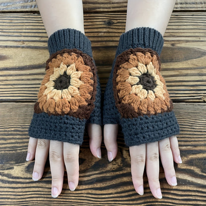 Vintage Style Fingerless Gloves - Short, Thick, Warm, Crochet Flower Knit, Coldproof, Autumn and Winter Essential for Women