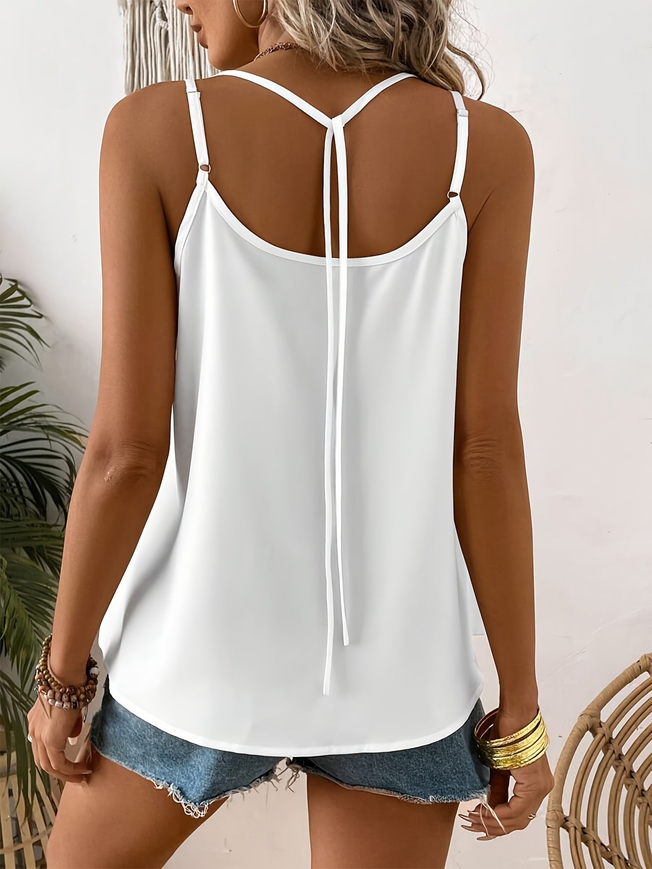 Button Front V Neck Cami Top, Elegant Solid Double Spaghetti Strap Sleeveless Top For Spring & Summer, Women's Clothing