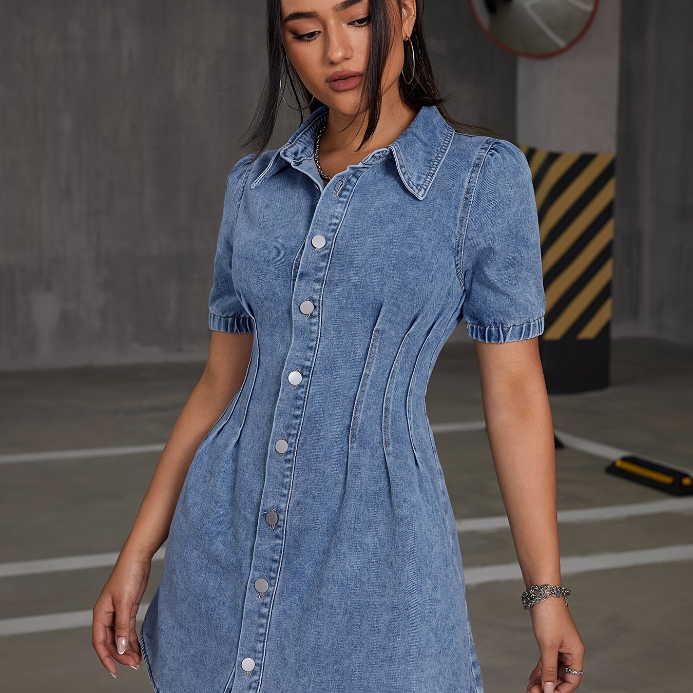 Elegant & Chic Women's Blue Denim Dress - Versatile All-Season Wear with Pleated Detail, Comfort Fit, and Easy Care