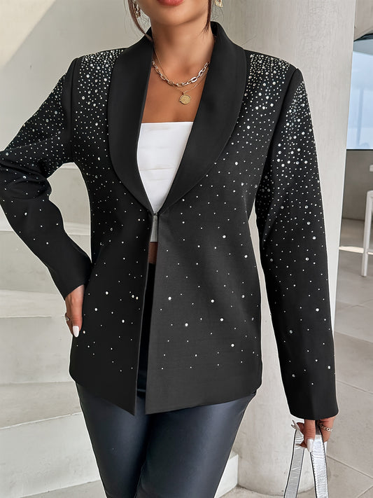 Plus Size Elegant Rhinestone Lapel Blazer - Long Sleeve Open Front, Solid Color, Non-Stretch Polyester, Machine Washable, All-Season Wear - Perfect for Womens Formal Occasions