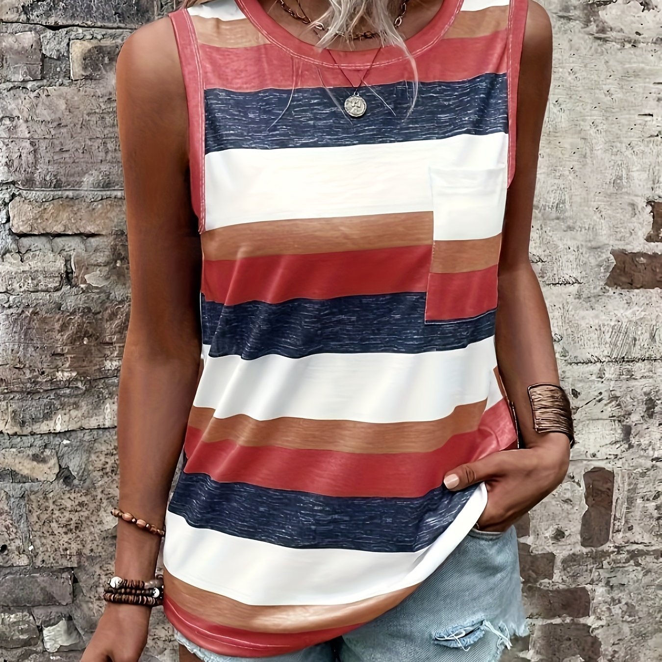 Striped Print Crew Neck Tank Top, Casual Sleeveless Patched Pocket Tank Top For Spring & Summer, Women's Clothing