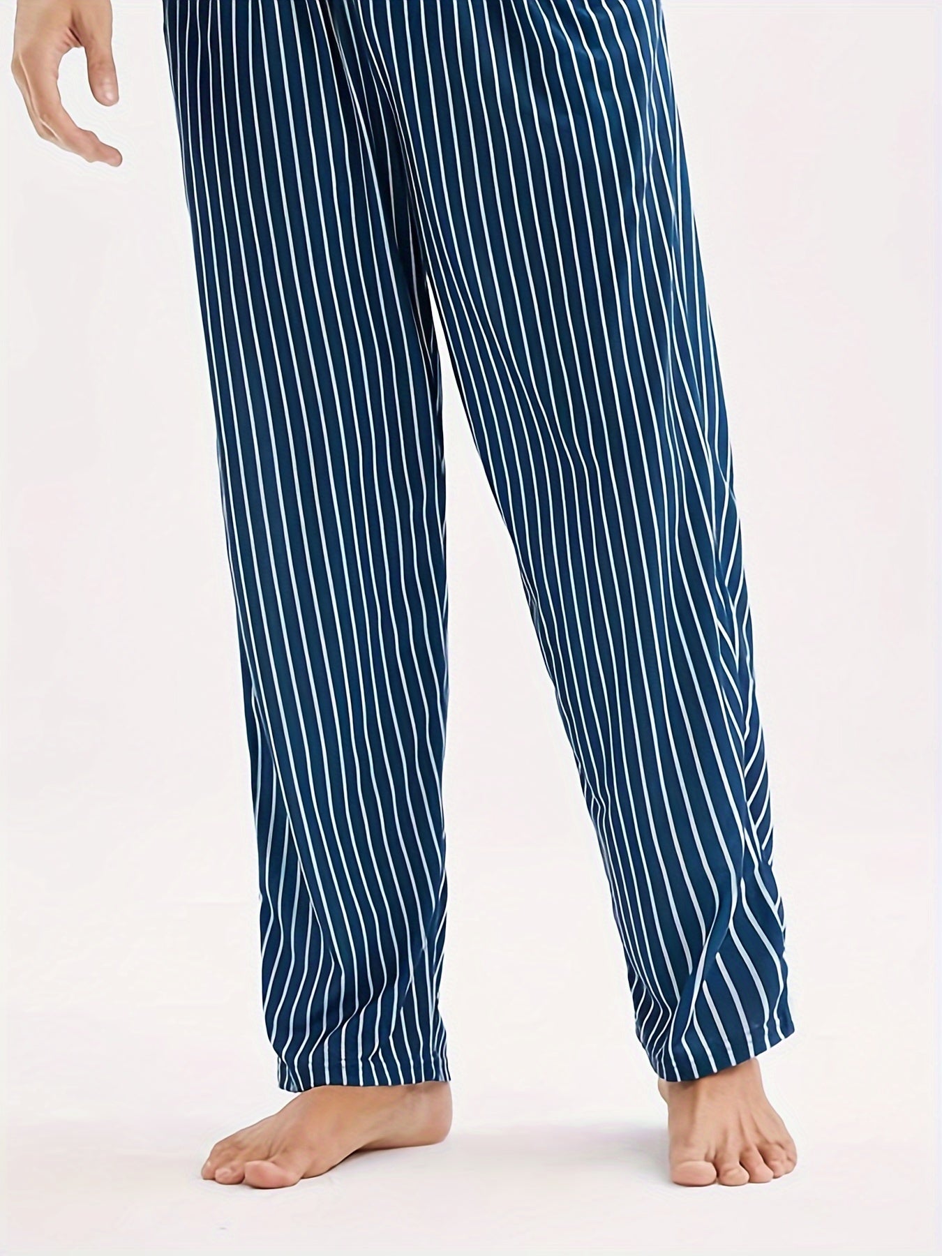 Men's Casual Crew Neck Short Sleeve Pajama Set with Striped Pants, 100% Polyester Knit Fabric, Slight Stretch, All Season Comfort Sleepwear Set