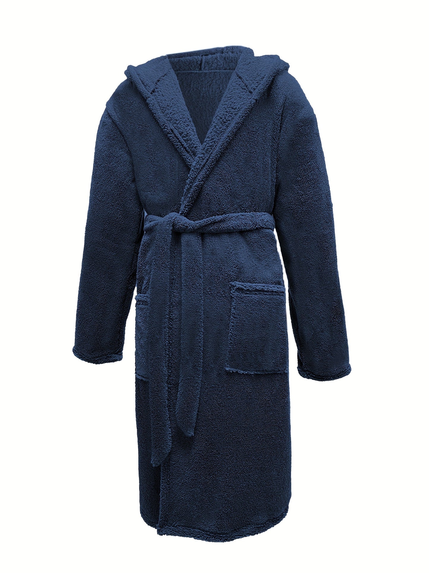 Men's Comfy Loose Solid Fleece Robe Home Pajamas Wear With Pocket One-piece Lace Up Kimono Night-robe Warm Sets After Bath