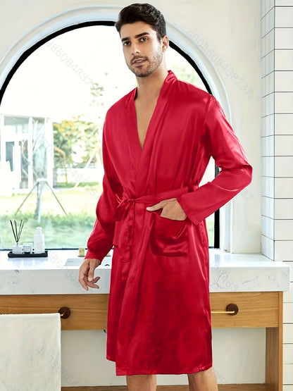 Stylish & Durable Men's Casual Winter Robe: V-Neck, Pockets, Belt - Solid Color, Warm Comfort