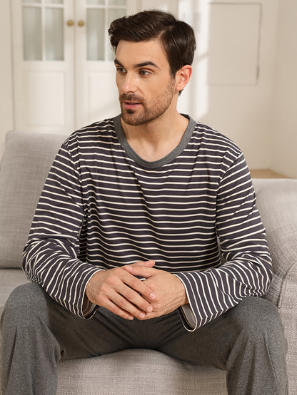 Men's Striped Long Sleeve Pajama Set: Relaxed, Spring/Autumn, Microfiber, Pocket, Regular Fit, Knit