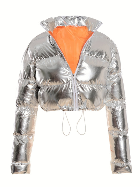 Chic Metallic Warm Padded Jacket for Women: Durable, Easy Care Bomber - Perfect for Fall/Winter & Outdoor Festivities