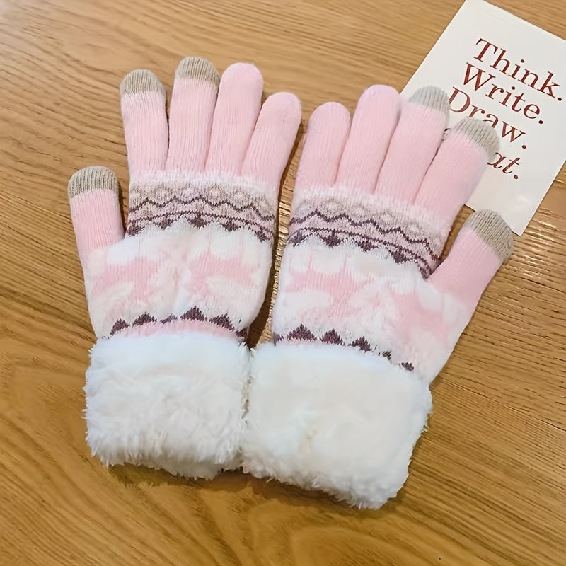 Plus Velvet Thickened Warm Gloves - Stretchy, Cute Deer Print, Touch Screen, Coldproof, Outdoor Cycling, Winter Warmth, Christmas Gift Idea