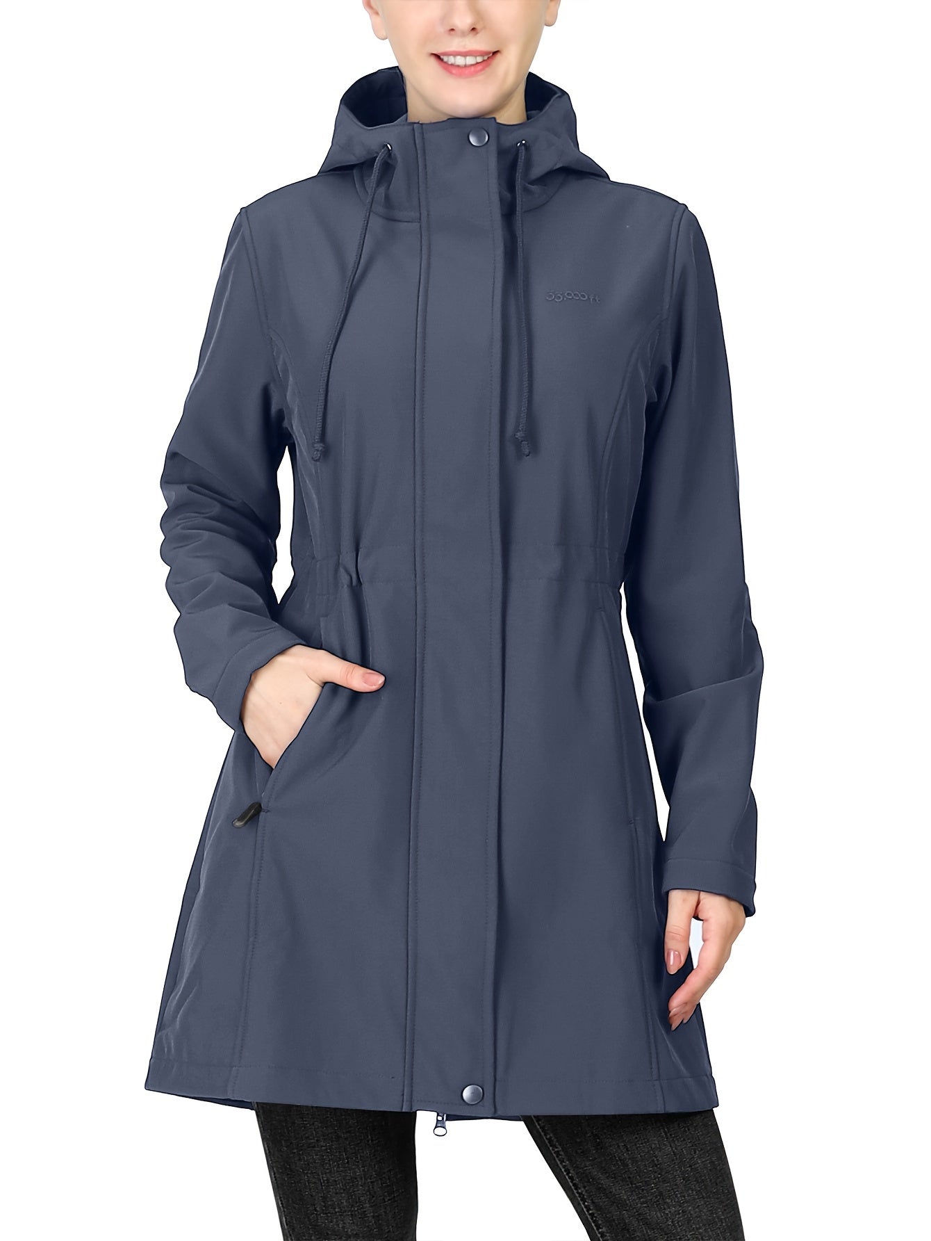 Long Sleeves Waterproof Outdoor Jacket, Fleece Liner Adjustable Waist With Zipper Pocket Long Jacket, Women's Activewear