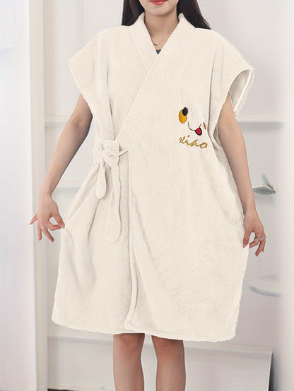 Women's Funny Face & Letter Embroidery Plush Bath Robe, Batwing Sleeve Surplice Neck Side Knot Bath Towel, Comfortable Nightgown For Fall And Winter