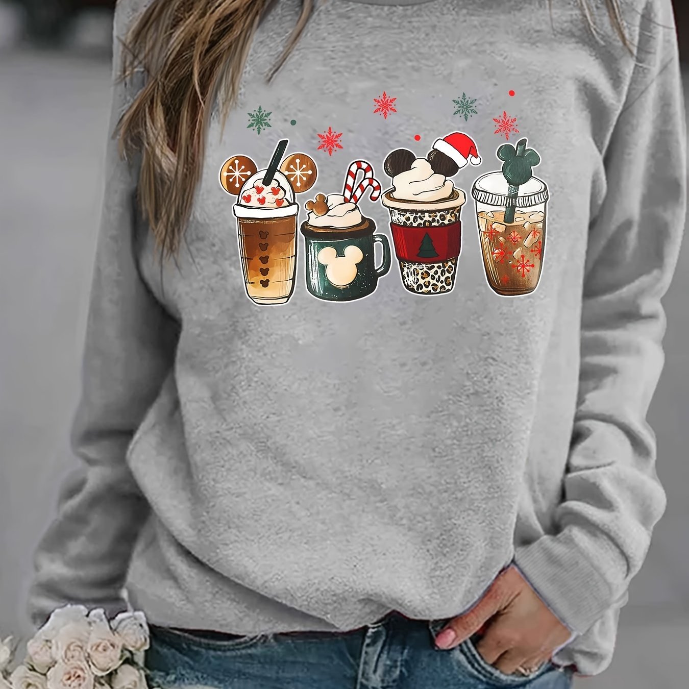 Christmas Coffee Print Sweatshirt, Casual Long Sleeve Crew Neck Sweatshirt, Women's Clothing