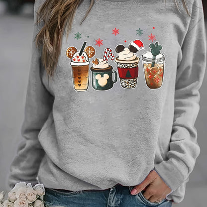 Christmas Coffee Print Sweatshirt, Casual Long Sleeve Crew Neck Sweatshirt, Women's Clothing