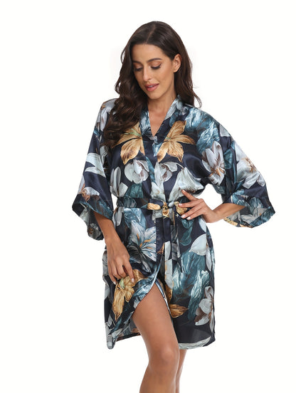 Romantic Floral Satin Kimono Robe - Luxurious Three-Quarter Sleeve V-Neck Sleepwear with Belted Waist for Women - Elegant Nighttime Elegance