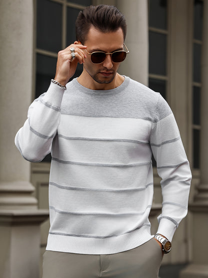 All Match Knitted Striped Sweater, Men's Casual Warm High Stretch Crew Neck Pullover Sweater For Men Fall Winter