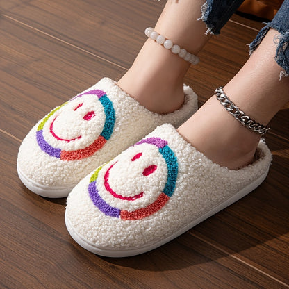 Cartoon Smile Pattern Fabric Slippers with PVC Sole, Cozy Plush Lined Indoor House Slippers for Kids and Adults