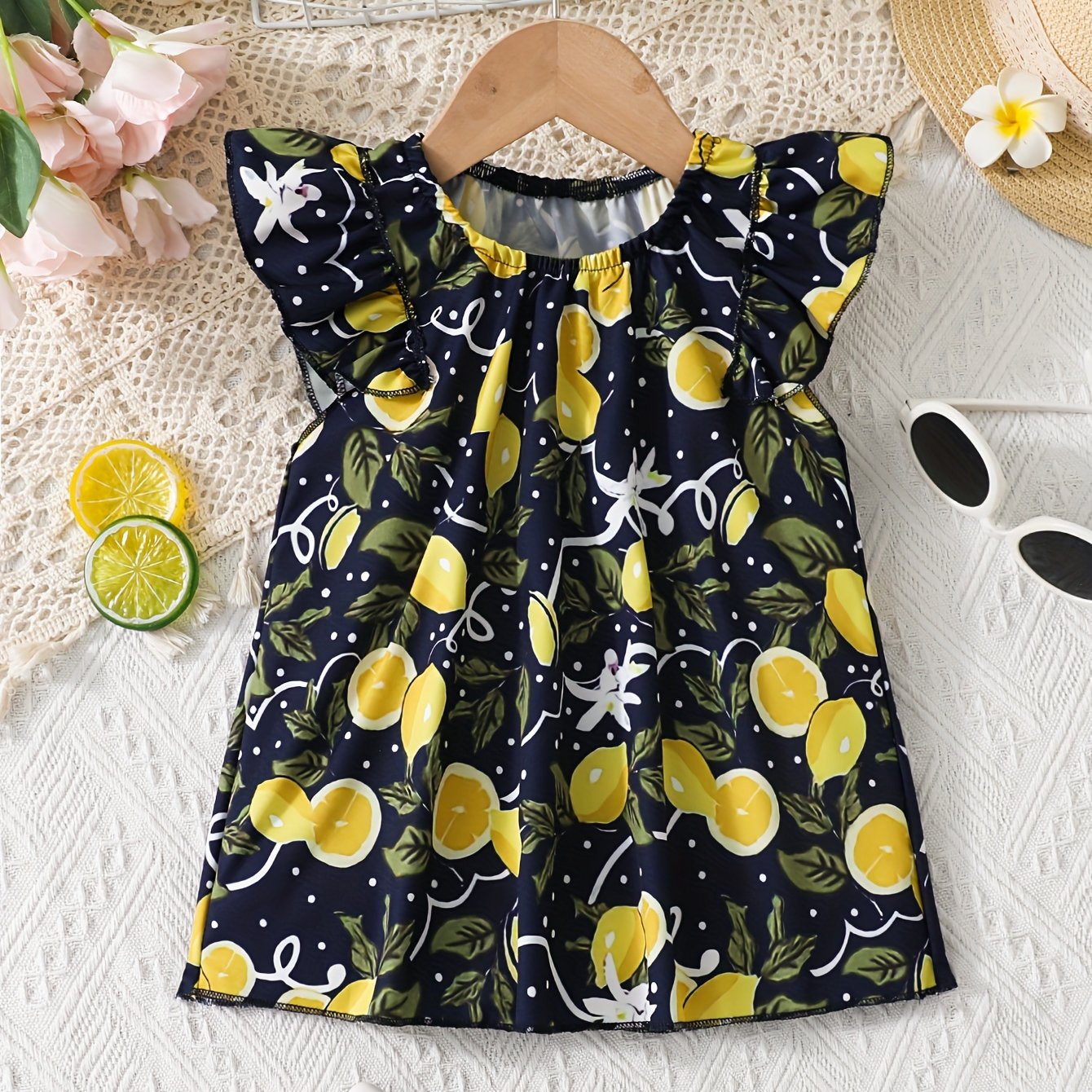 Girls Sleeveless Navy Lemon Print Top with Ruffle Cap Sleeves, Casual Style, Summer Fashion