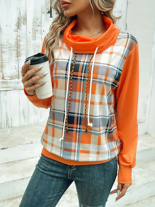 Vibrant Plaid Print Drawstring Cowl Neck Sweatshirt - Ultra-Soft and Cozy Casual Design, Long Sleeve for Added Warmth, Easy-On Pullover Style, Adjustable Drawstring Cowl Neck for Customized Fit - Perfect for Chilly Fall and Winter Days, Designed Exclusive