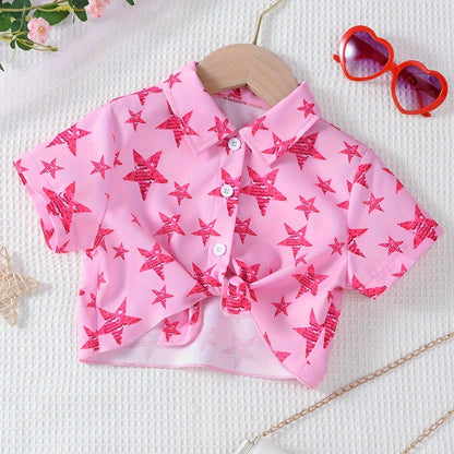 Girls Tie Knot Stars Print Short Sleeve Shirt Vacation Style Button-Down Collar Blouse Top For Summer