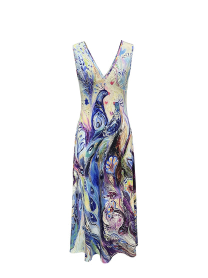 V-Neck Peacock Print Maxi Dress - Glamorous Sleeveless Design for Summer Vacations - Lightweight & Flowy, Perfect Womens Clothing for a Fashionable Getaway