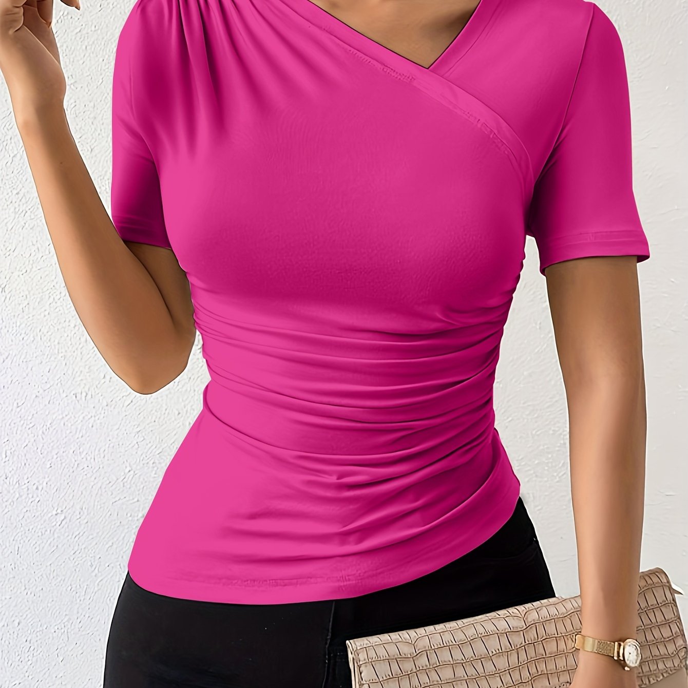 Womens Solid Color Asymmetrical T-Shirt with Ruched Neckline - Chic, Slim-Fitting & Trendy Short Sleeve Top for a Flattering Look