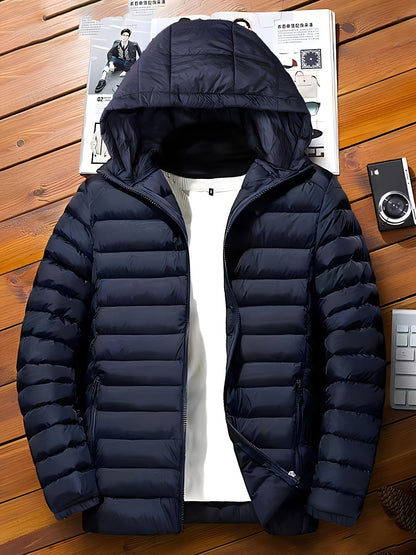 Men's Premium Loose Fit Solid Puffer Coat - Breathable, Water-Resistant, Zip-Up, Long Sleeve, Warm, Hooded, Casual Jacket with Multiple Pockets for Winter Outdoor Activities and Daily Wear