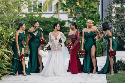 Emerald Green Custom Side Split Bridesmaid Dresses Difference Neckline Long Beach Wedding Party Guest Gowns Plus Size