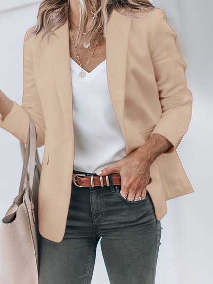 Long Sleeve Solid Color Elegant Blazer - Classic Lapel Collar, Machine Washable, Polyester Material, Regular Length, No Belt, Buttonless Placket - Perfect for Work, Office, and Spring/Summer/Fall Seasons