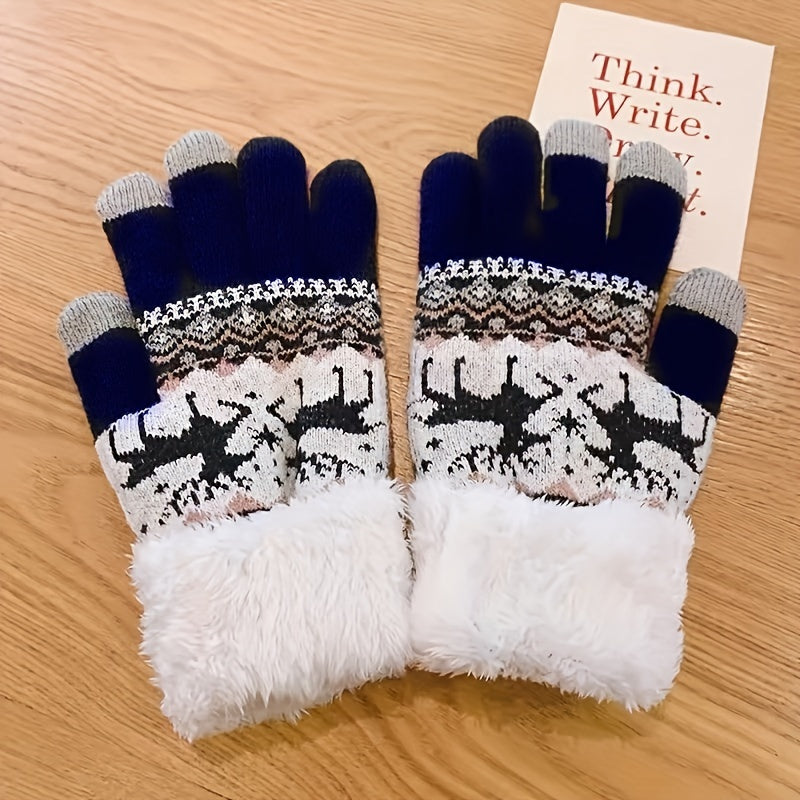 Plus Velvet Thickened Warm Gloves - Stretchy, Cute Deer Print, Touch Screen, Coldproof, Outdoor Cycling, Winter Warmth, Christmas Gift Idea