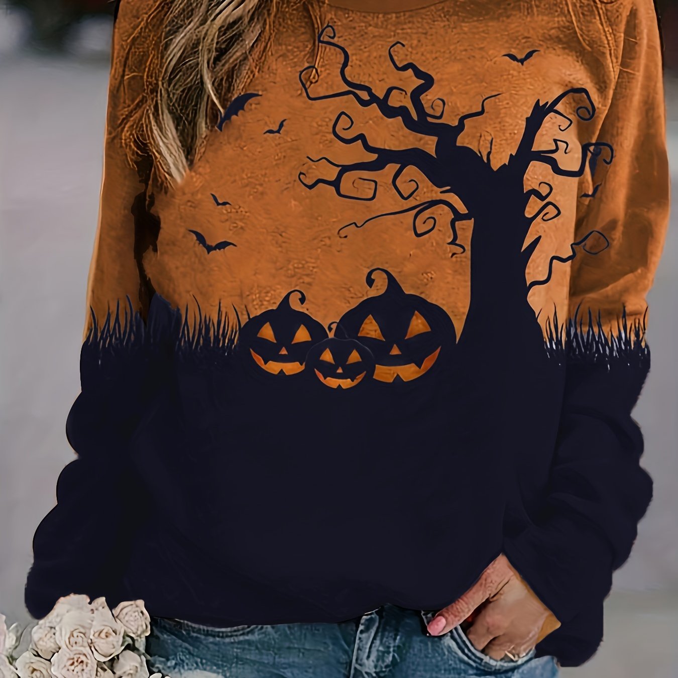 Vintage Halloween Print Crew Neck Sweatshirt - Soft Micro Elasticity Polyester Fabric, Machine Washable, Random Printing, Long Sleeve Raglan Shoulder Design, Casual Womens Clothing for All Seasons