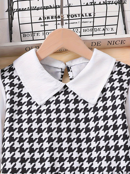 Stylish Girls' Long Sleeve Houndstooth Patchwork Blouse - Casual Fashion Top with Drawstring Tie, Relaxed Fit, and Chic Black & White Checker Pattern - Perfect for Spring and Fall Seasons