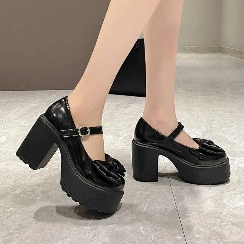 Dress Shoes Summer and Autumn Fashion New Solid Color Bow Popular Thick Bottom Buckle Round High Heels H240527 D4KO