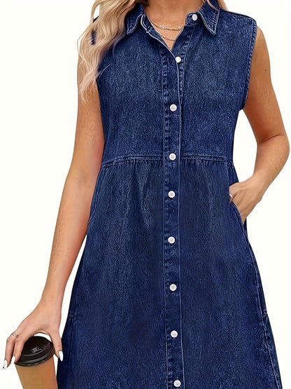 Elegant Plain Washed Blue Tiered Layered Ruffle Single-breasted Sleeveless Denim Dress, Women's Denim Jeans & Clothing