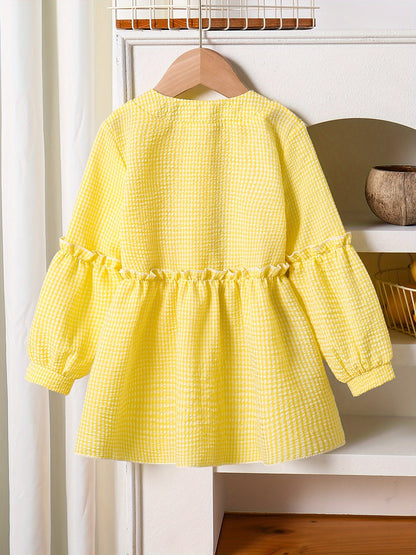 Sweet & Cute Little Girls Buttons Crew Neck Long Sleeve Peplum Blouse Top, Long-length, Spring/Fall Clothing