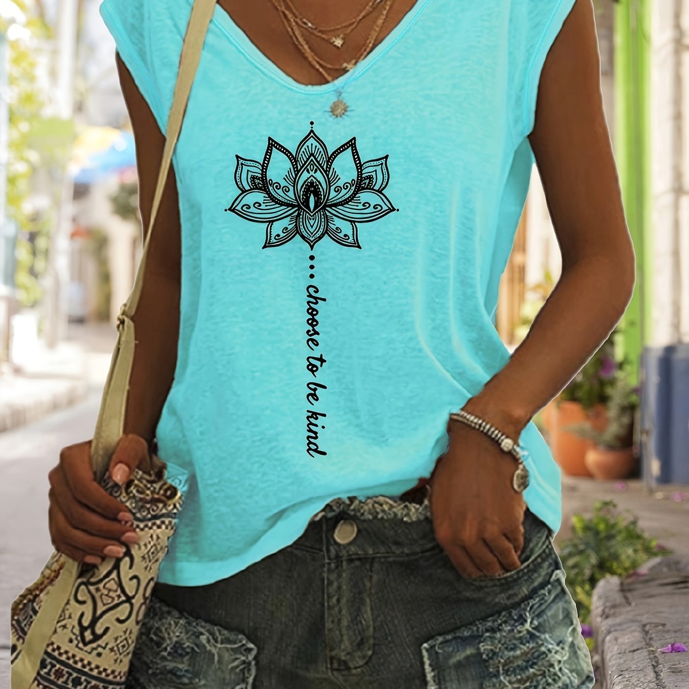 Lotus Print V Neck Tank Top, Cap Sleeve Casual Top For Summer & Spring, Women's Clothing