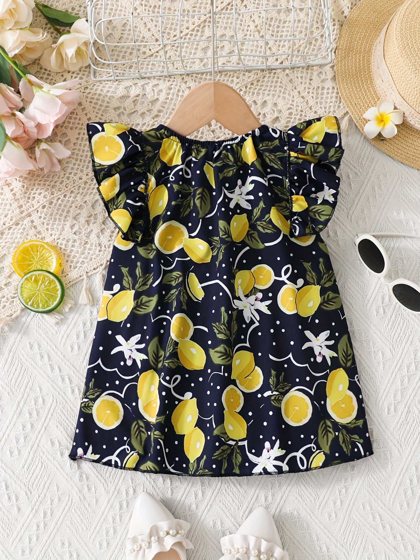 Girls Sleeveless Navy Lemon Print Top with Ruffle Cap Sleeves, Casual Style, Summer Fashion