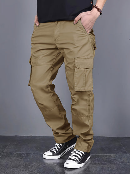 Mens Loose Fit Solid Color Cargo Pants - Multi-Pocket Drawstring Trousers for Weekend Casual - Polyester, Non-Stretch, Mid Waist, Regular Length, Hand Washable