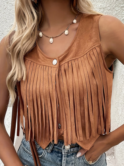 Tassel Hem Cowgirl Vest, Vintage Solid Button Front Sleeveless Vest, Women's Clothing