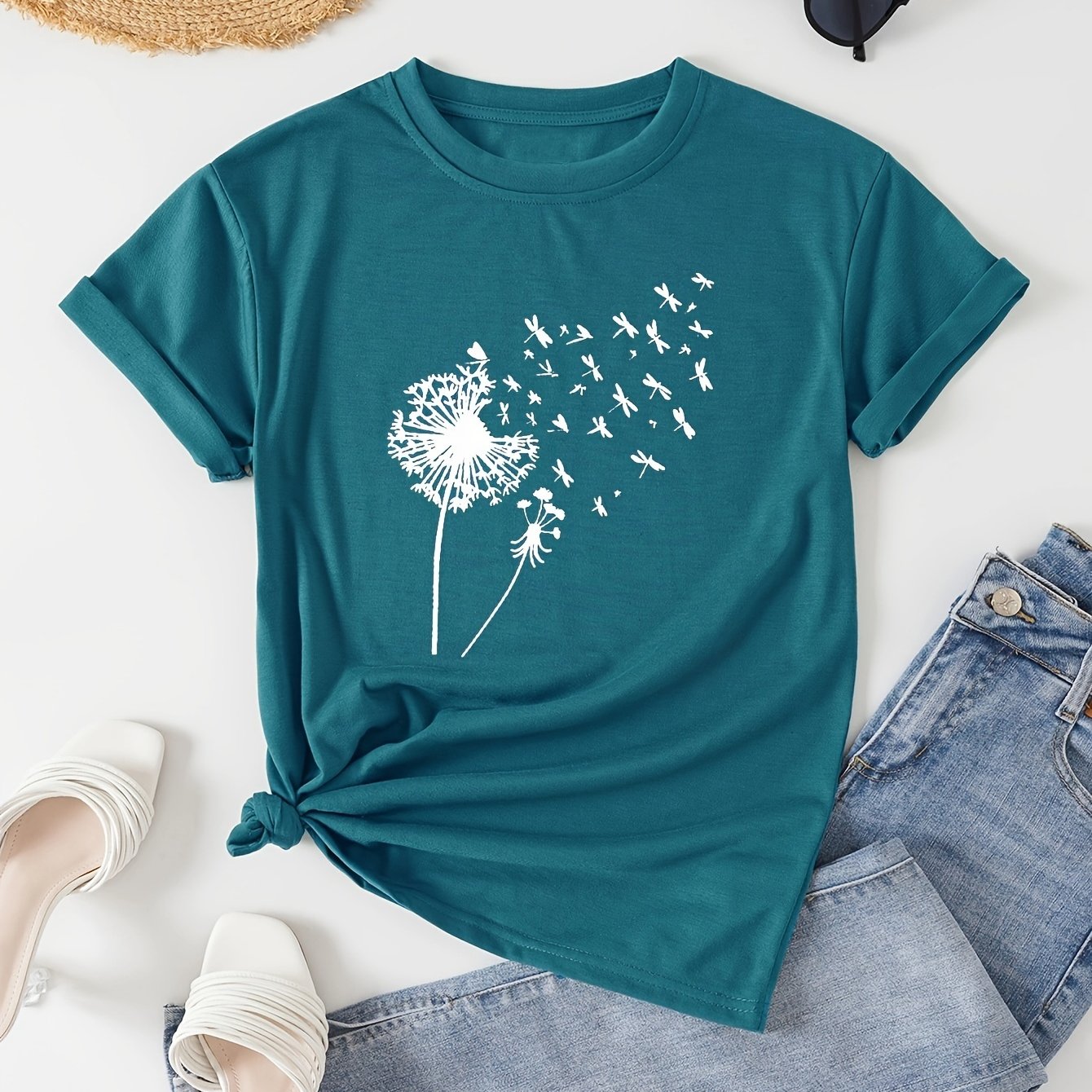 Vibrant Dandelion Print Crew Neck T-Shirt - Soft Micro Elasticity Polyester Fabric, Casual Short Sleeve Top for Spring & Summer, Womens Regular Fit Clothing with Random Plant Pattern