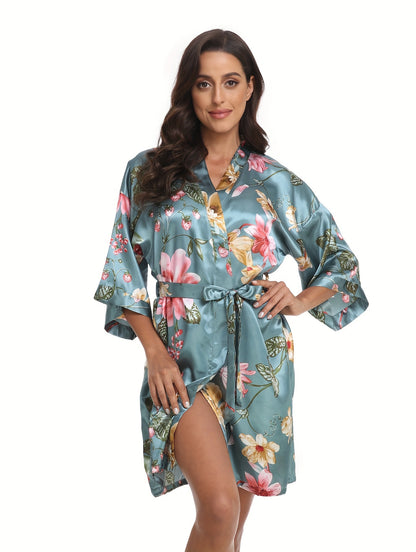 Romantic Floral Satin Kimono Robe - Luxurious Three-Quarter Sleeve V-Neck Sleepwear with Belted Waist for Women - Elegant Nighttime Elegance