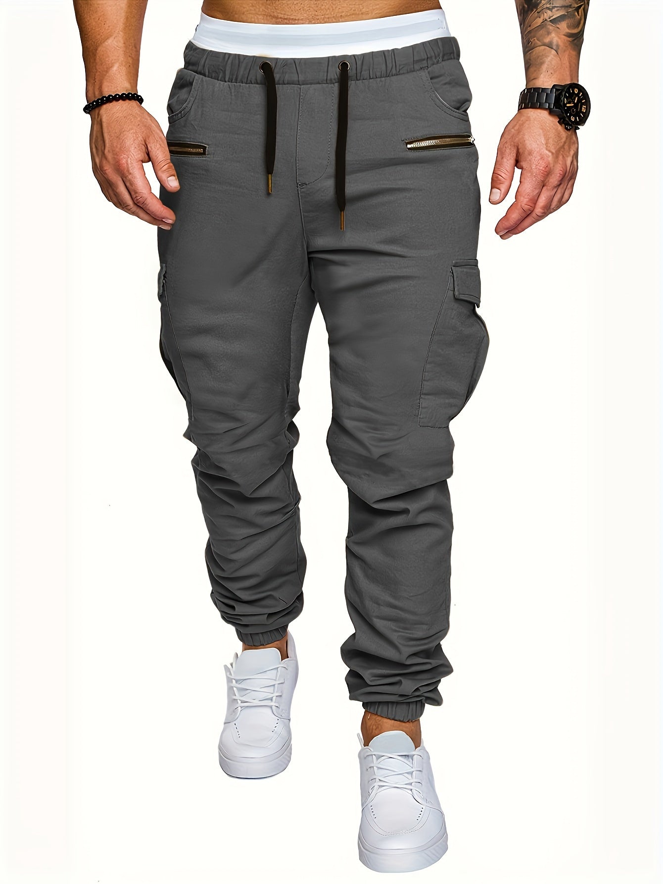 Men's Comfort-Fit Cargo Joggers - Drawstring, Stretch, Flap Pocket - Ideal for Spring & Autumn Casual Wear