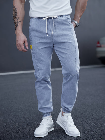 Men's Casual Tapered Jeans with Adjustable Drawstring Waist for Comfortable Street Style