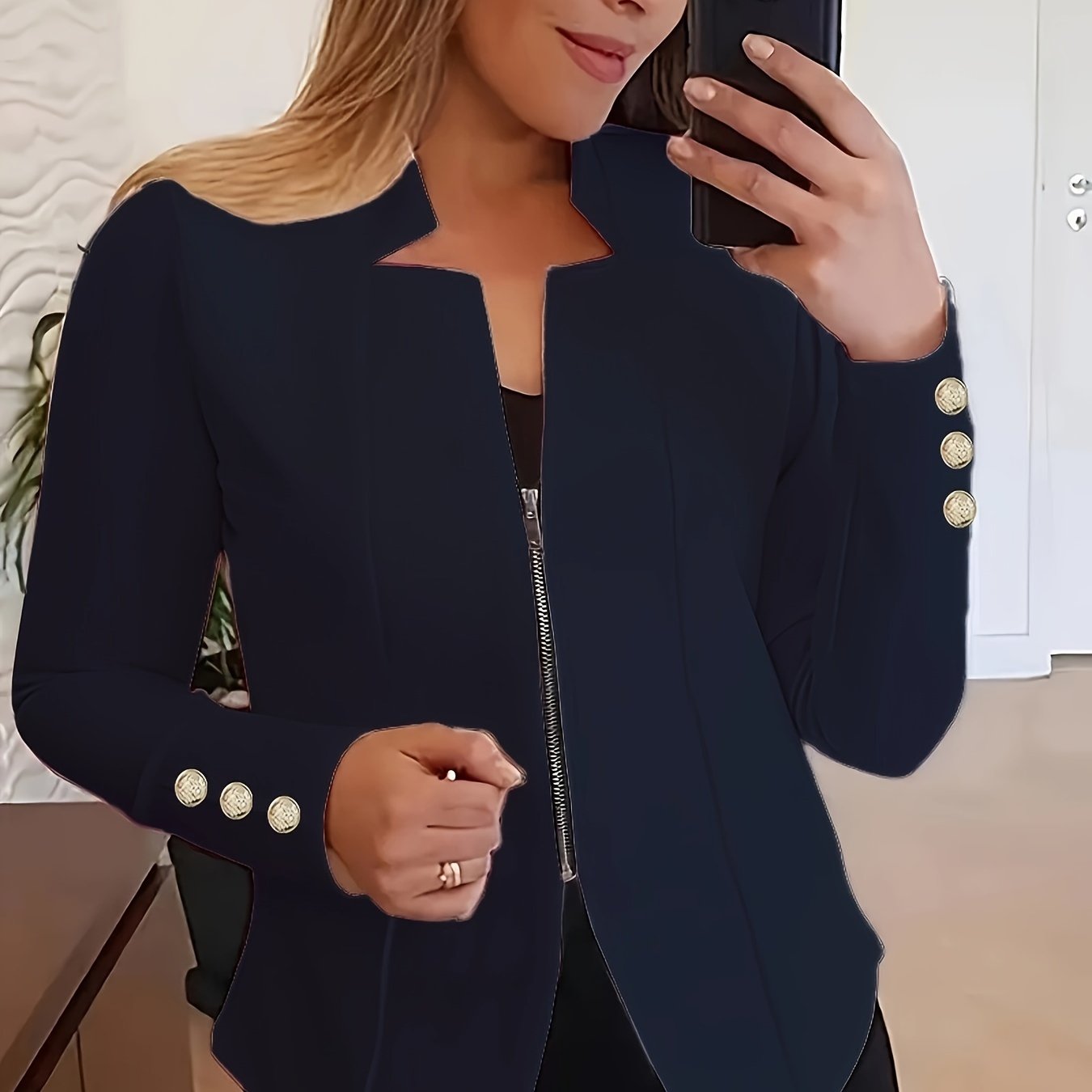 Fashionable Womens Solid Zip-Up Jacket with Button Detail - Comfy Long Sleeves, Casual Style - Premium Clothing Wardrobe Staple