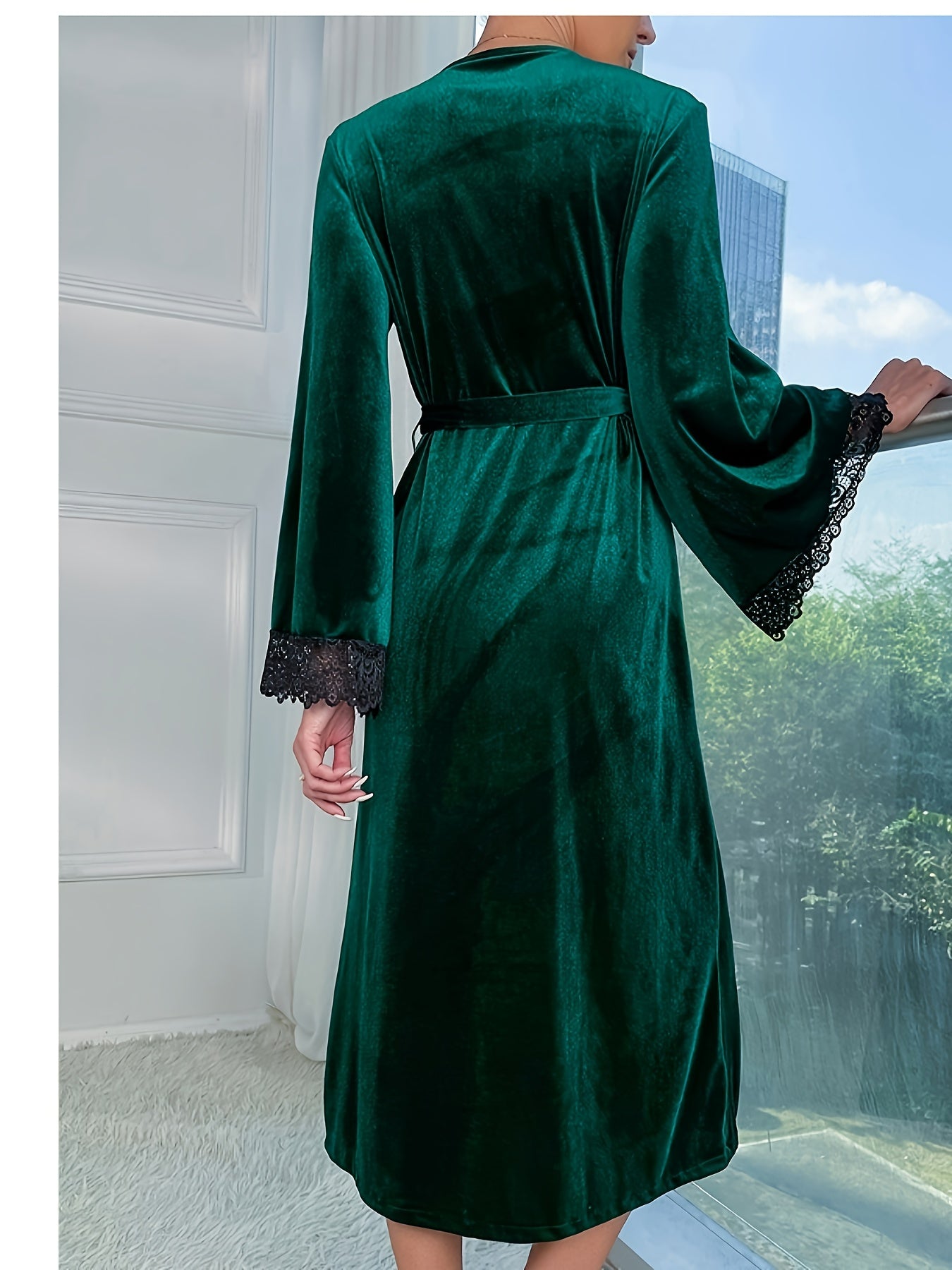 Elegant Velvet Lace Trim Lounge Robes, Comfy Long Sleeve V Neck Home Robe With Belt, Women's Loungewear & Sleepwear