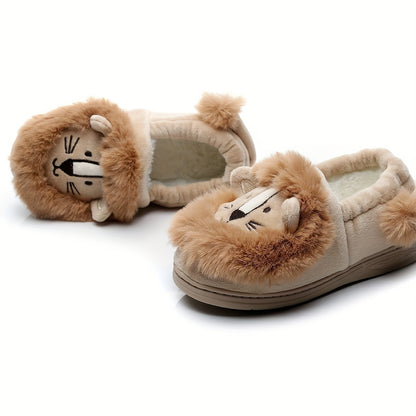 Cozy Lion Pattern Furry Slip-On Shoes for Boys - Soft, Comfy, Non-Slip, Thermal Indoor Footwear with Warm Fleece Lining for Cold Winter Days - Ideal for Kids' Everyday Wear