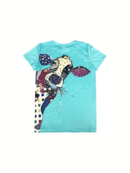 Chic Cow Print Womens T-shirt - Soft Crew Neck Short Sleeve Top - Fashionable & Casual Everyday Wear