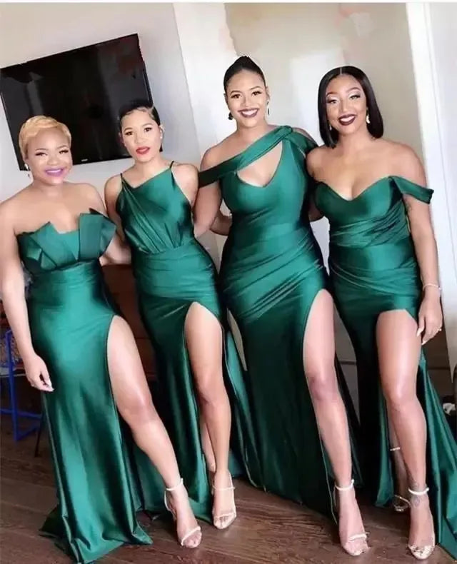 Emerald Green Custom Side Split Bridesmaid Dresses Difference Neckline Long Beach Wedding Party Guest Gowns Plus Size