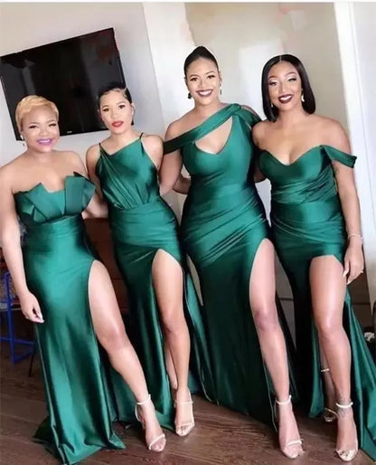 Emerald Green Custom Side Split Bridesmaid Dresses Difference Neckline Long Beach Wedding Party Guest Gowns Plus Size